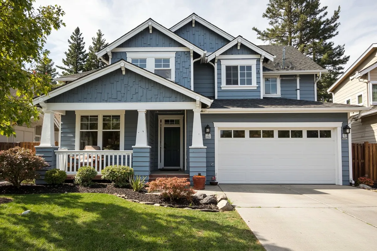 Exterior painting of a Lake Tahoe craftsman home with blue-gray siding