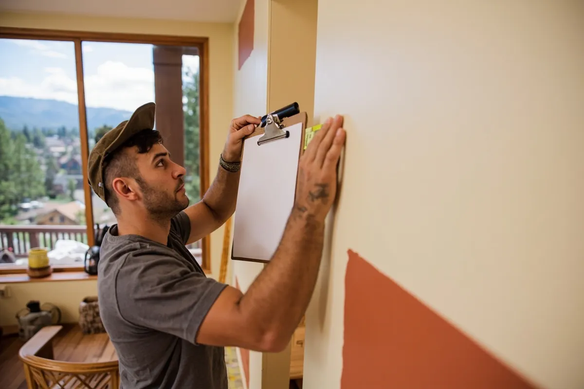 Estimator measuring a wall in a Lake Tahoe living room with a notepad and tape measure