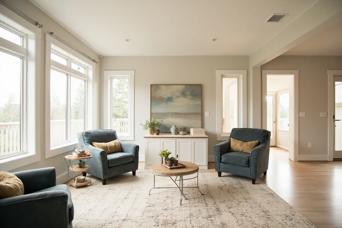 Interior painting of a Lake Tahoe living room with clean white trim on gray walls