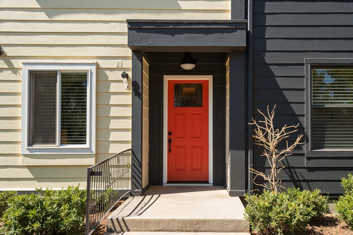 Modern townhome with dark charcoal exterior paint