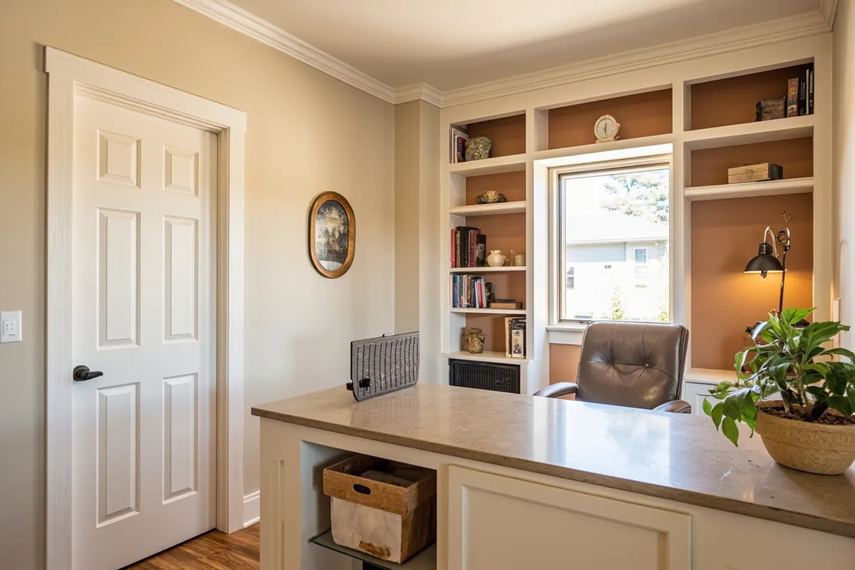 Home office with greige walls and built-in shelving