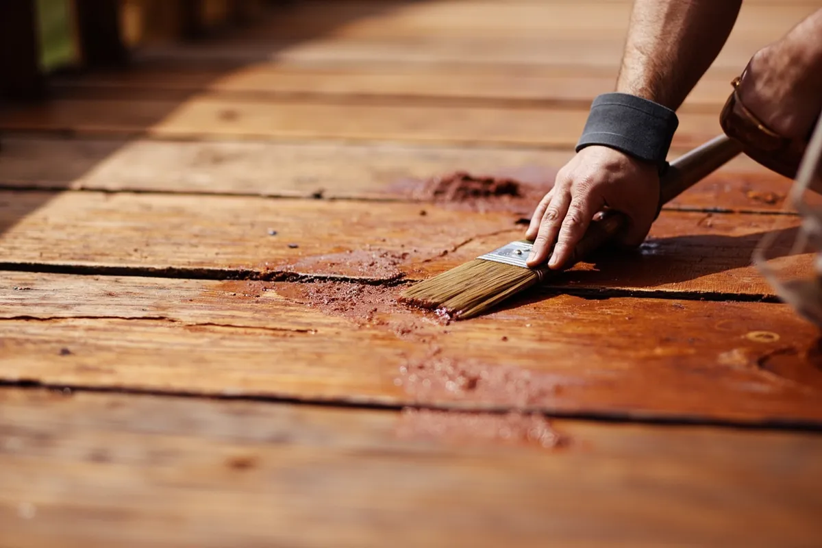 Painter staining a redwood deck in Lake Tahoe with a natural wood tone